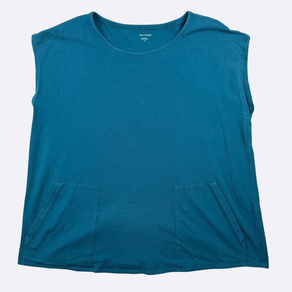 Eileen Fisher Tank Tunic Top Womens L Teal Organic Cotton Jersey Stretch Pockets